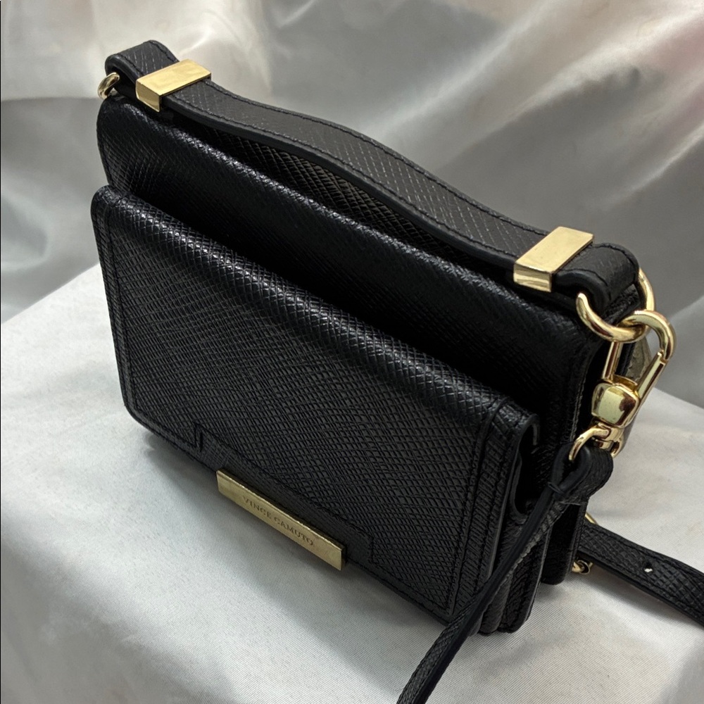 Rfid Vince Camuto Textured Black Crossbody Wallet Bag with Gold Accents